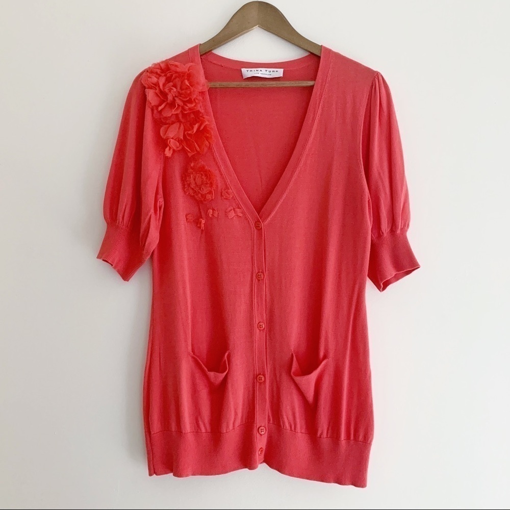 Trina Turk Coral Pink Floral Applique Cardigan Sweater Small